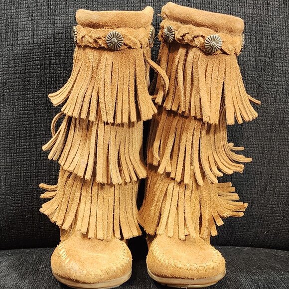 Minnetonka Tan Suede 3 Layer Fringe Calf Boots - Infant Girl's Size 7 - Picture 3 of 10